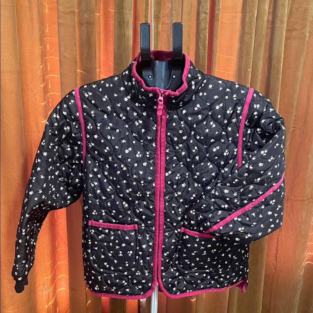Girls' Black Quilted Puffer Jacket with Pink Trim